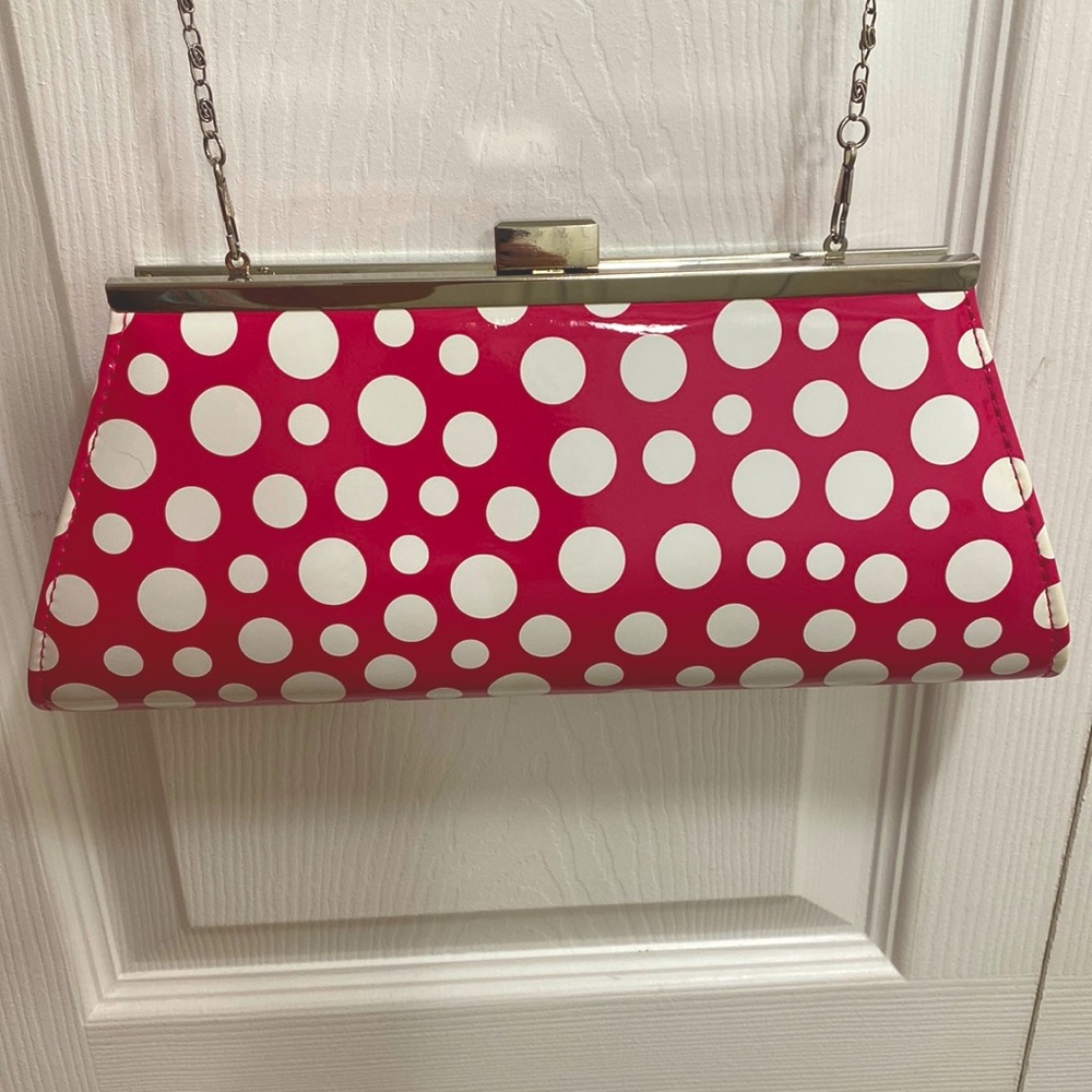 Neiman Marcus Pink with White Polka-dot Clutch with Silver Tone Chain Strap 👙